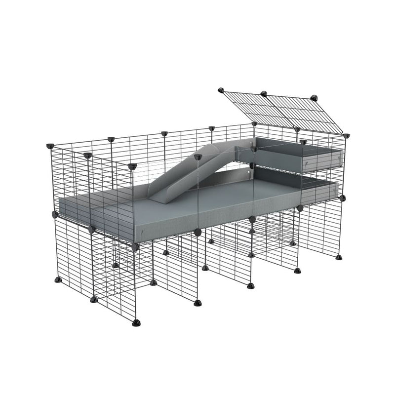 une cavy cage 4x2  avec panneaux transparents en plexiglass pour cochons d'inde avec rehausseur loft rampe coroplast gris et grilles fines petits trous de kavee france