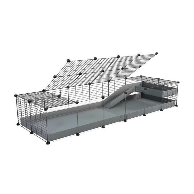 une cavy C&C cage 6x2  avec panneaux transparents en plexiglass pour cochons d'inde avec une rampe un loft un toit un coroplast gris et grilles fines pour bebes