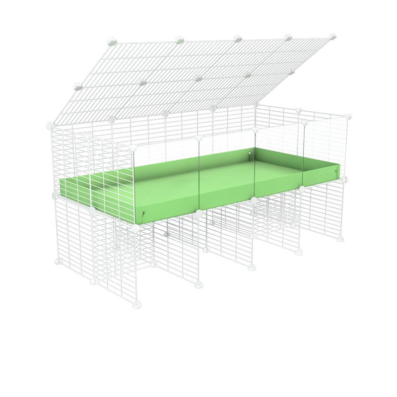 une cavy cage 4x2 avec panneaux transparents en plexiglass  pour cochons d'inde avec rehausseur couvercle correx vert et grilles blanches fines de kavee france