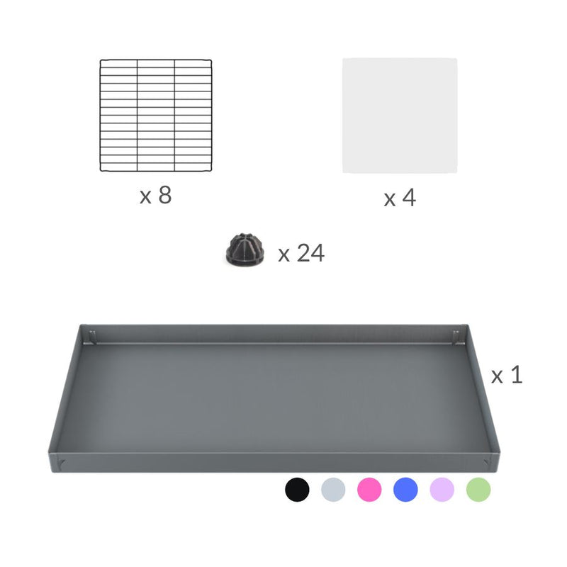 composition d'une cavy cage modulaire avec panneaux transparents en plexiglass 4x2 pour cochons d'inde avec coroplast rose et grilles fines avec petits trous de kavee