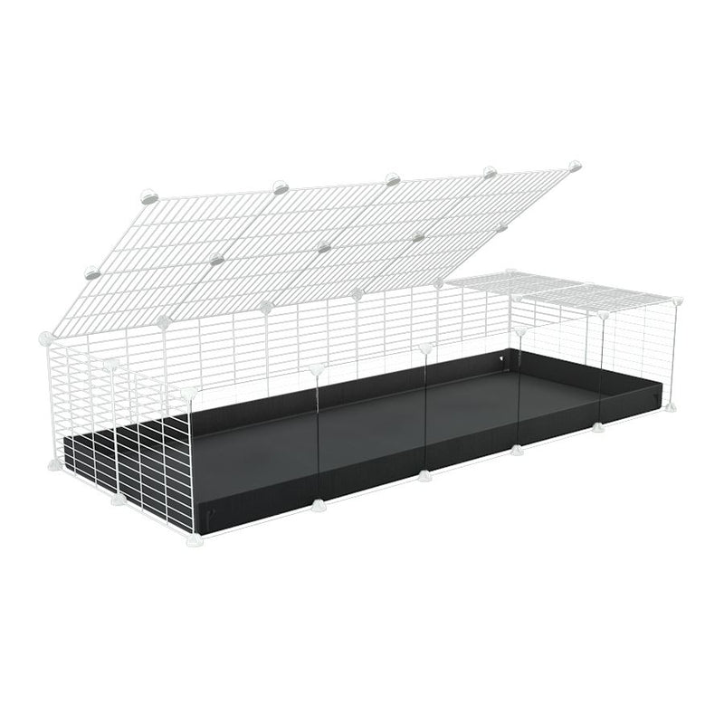 une kavee cage 5x2 avec panneaux transparents en plexiglass  pour cochons d'inde avec couvercle coroplast noir et grilles blanches avec barreaux etroits