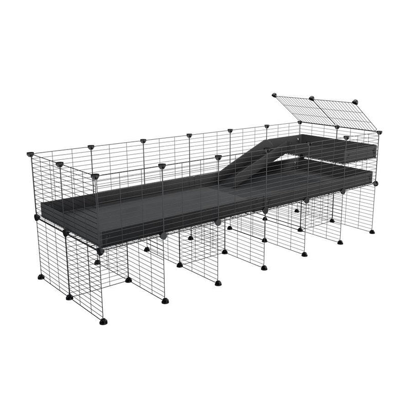 une kavee cage 6x2 pour cochons d'inde avec rehausseur loft rampe coroplast noir et grilles fines petits trous