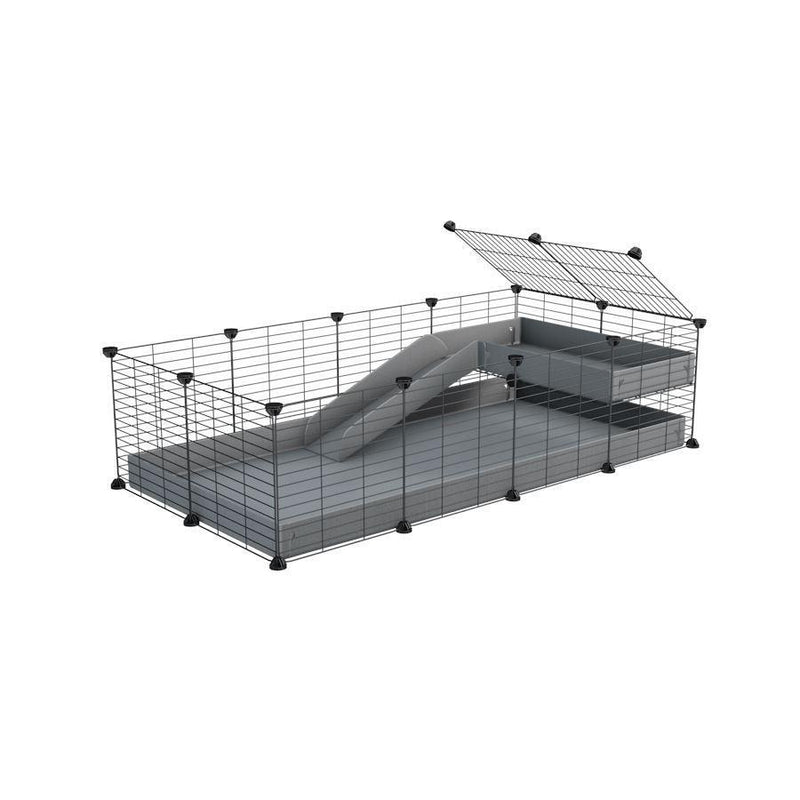 une cavy cage 4x2 pour cochons d'inde avec une rampe un loft un coroplast gris et grilles fines sans danger de kavee