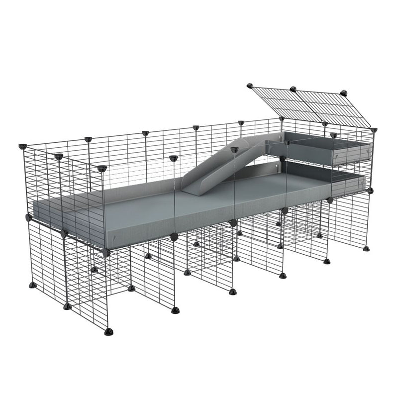 une cavy cage 5x2  avec panneaux transparents en plexiglass pour cochons d'inde avec rehausseur loft rampe coroplast gris et grilles fines petits trous de kavee france